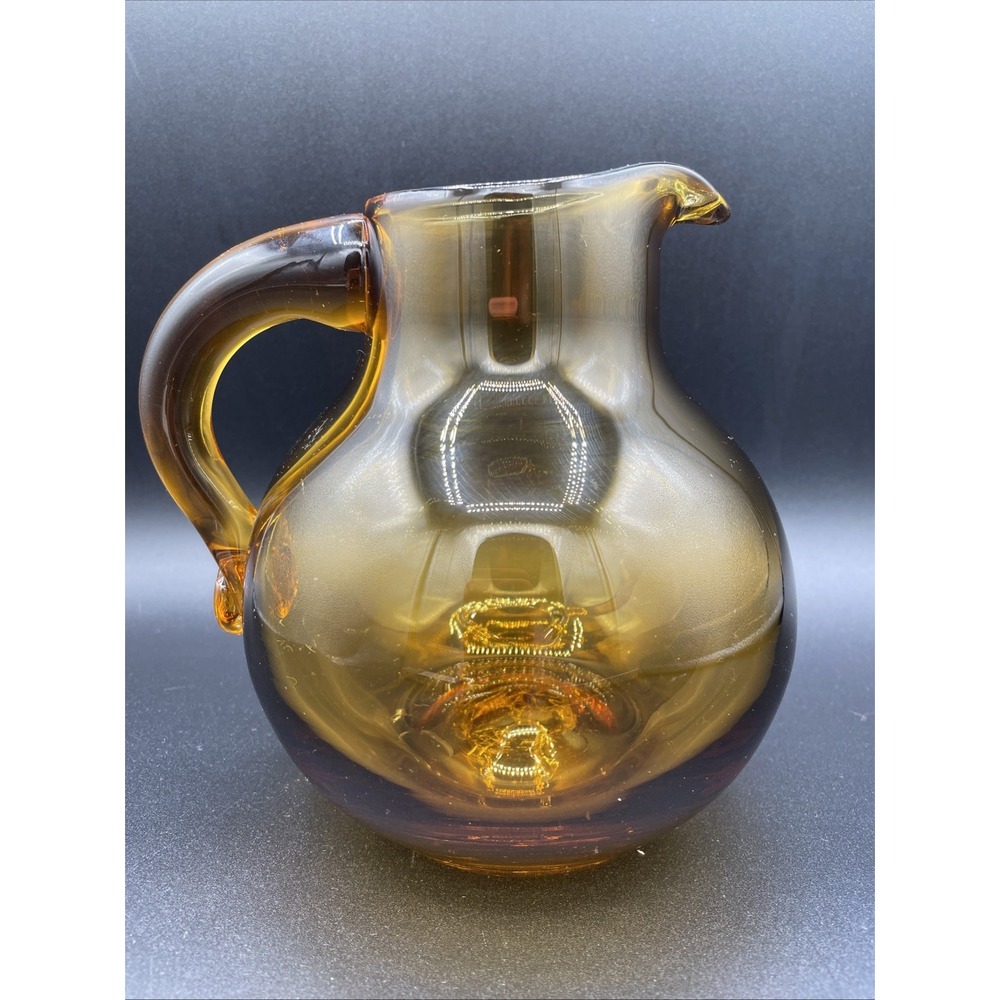 Vintage MCM Bischoff Glass Dark Amber Honey Gold Glass Pitcher With Handle 6.5"